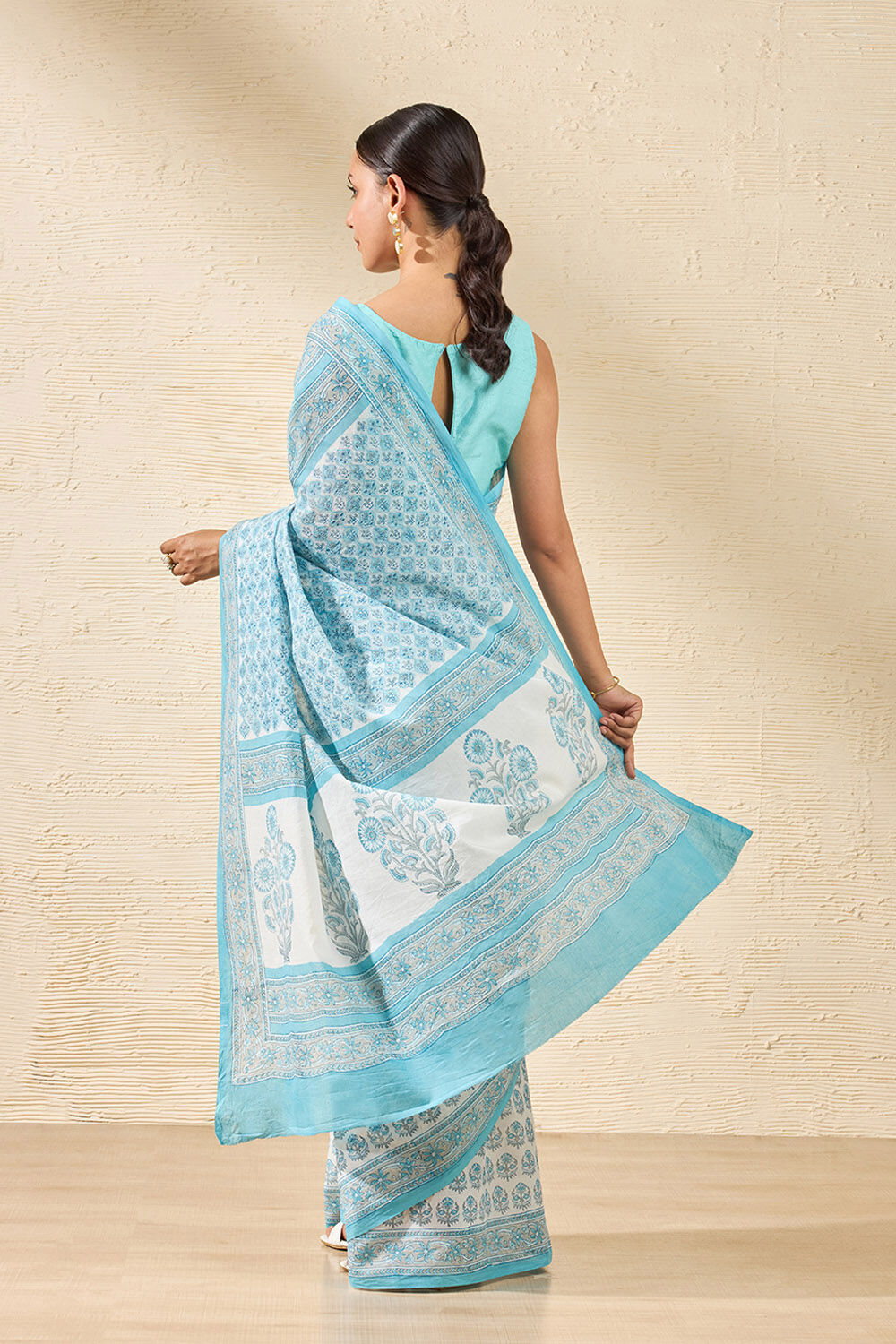 Light Blue Rajasthan Block Printed Pure Cotton Saree image number null