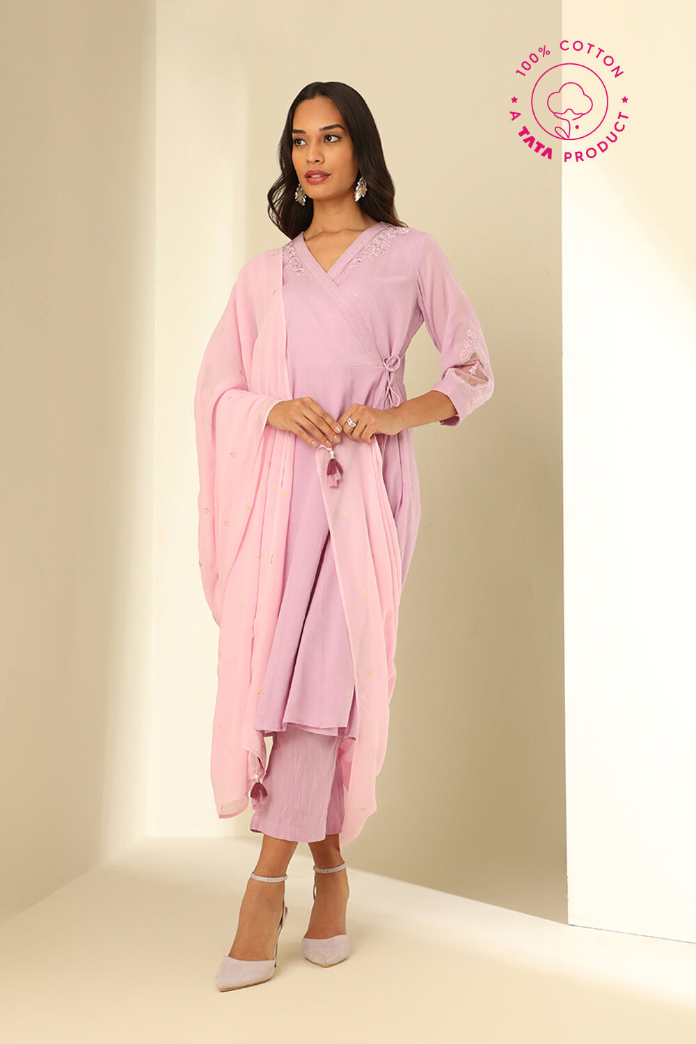 Lavender Embroidered Viscose Kurta Set image number null