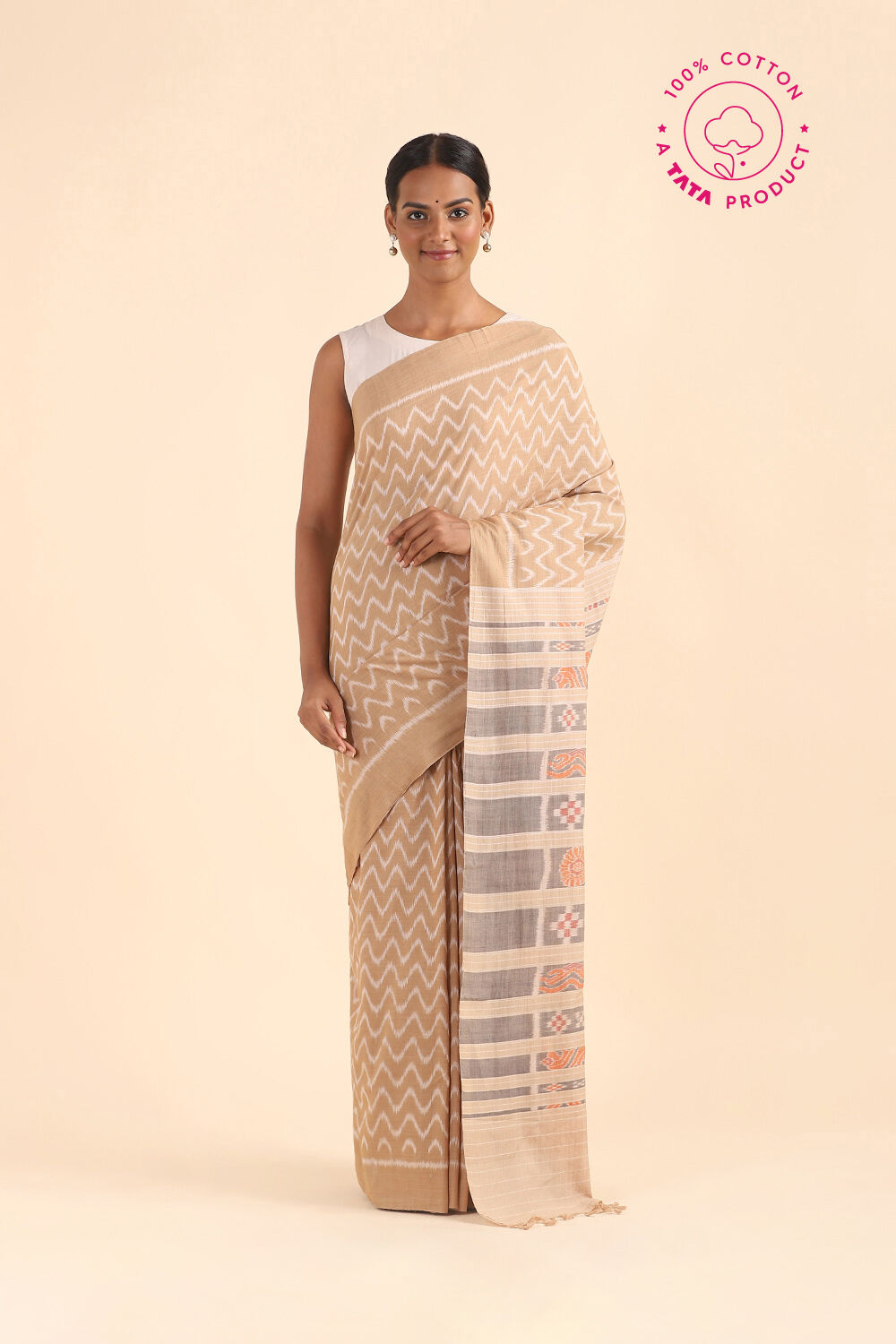 Beige Pure Cotton Odissa Ikat Saree image number null
