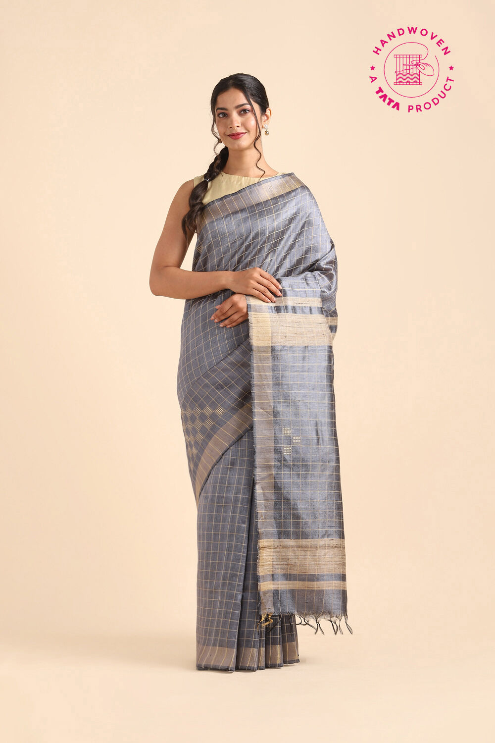 Grey Pure Tussar Silk Bhagalpuri Saree image number null