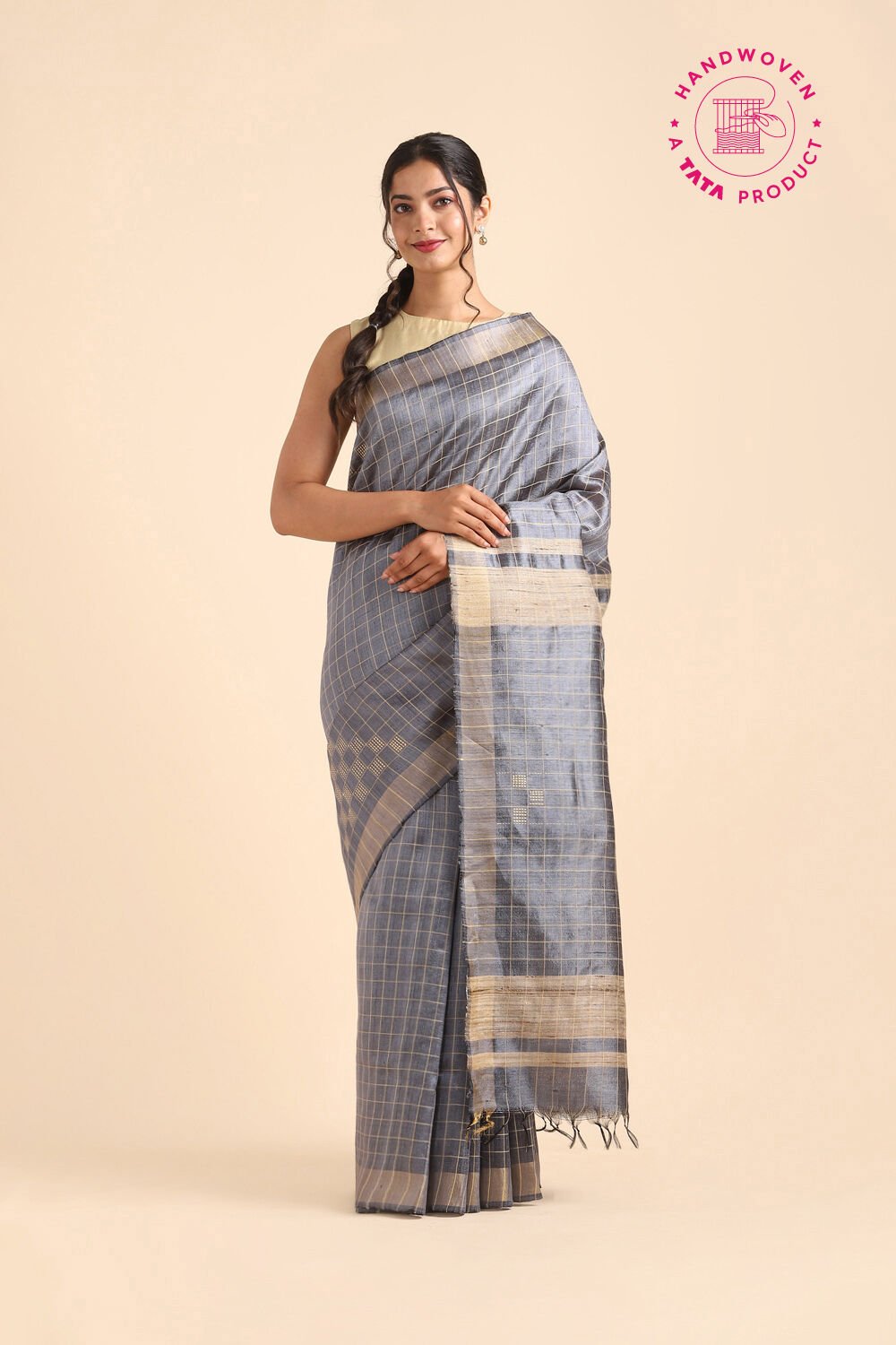Grey Pure Tussar Silk Bhagalpuri Saree image number null