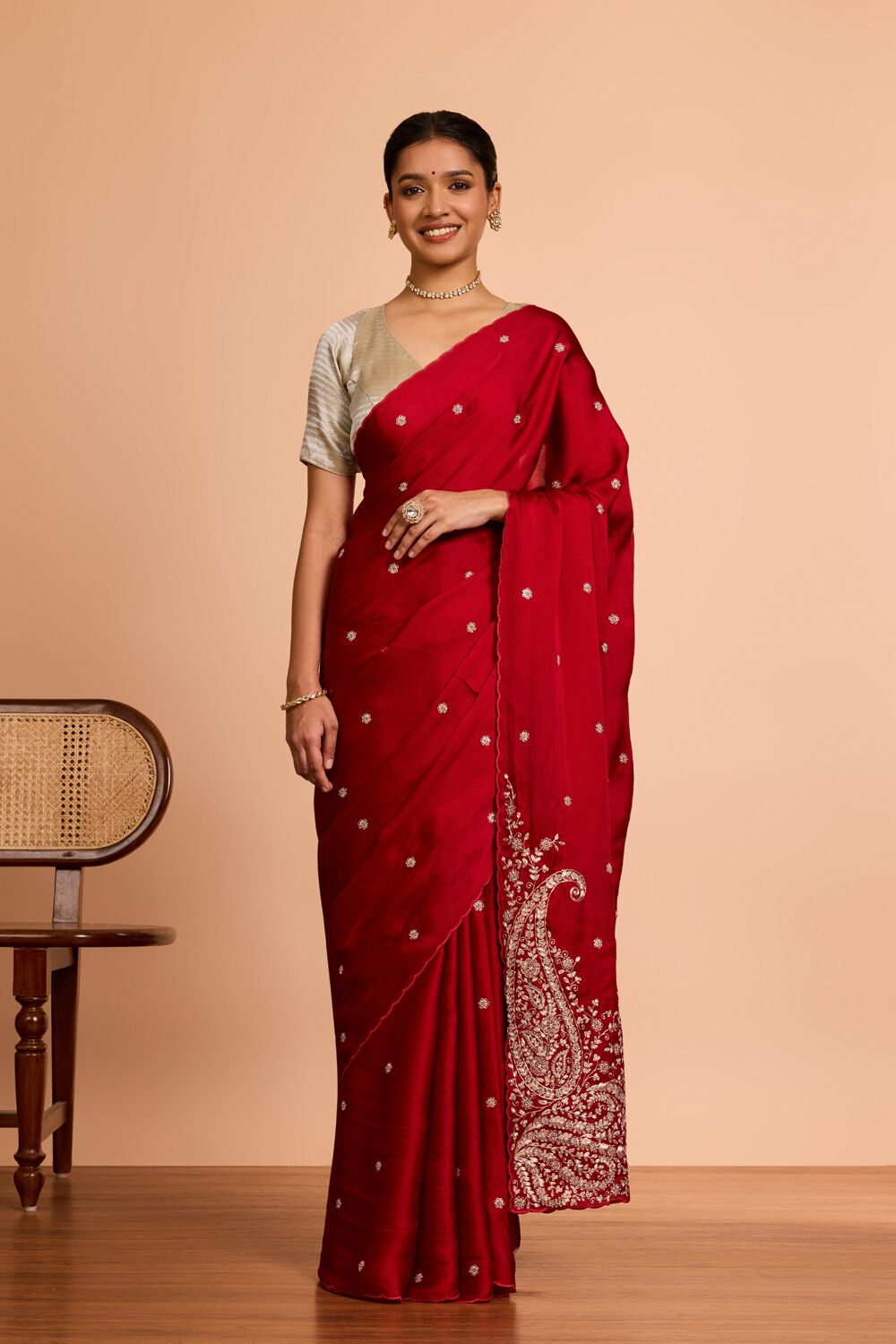 Red  Viscose Satin Embroidered Saree image number null