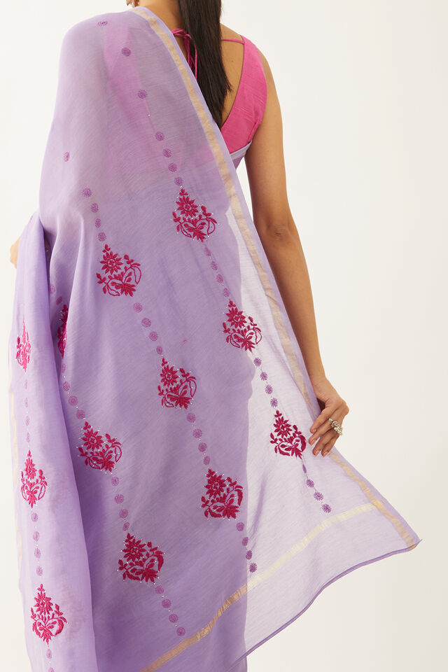 Violet Pure Silk Cotton Chikankari Embroidery Saree