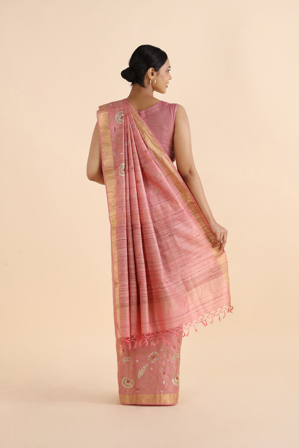 Pink Pure Tussar Embroidered Saree image number null
