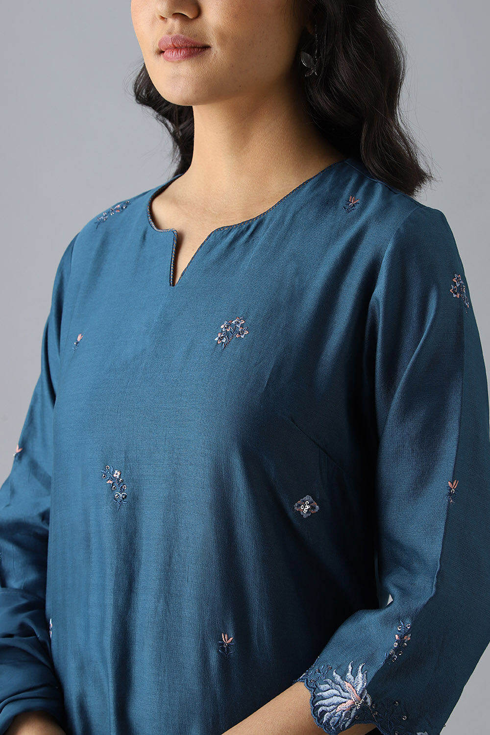 Dark Blue Embroidered Silk Cotton Kurta Set image number null