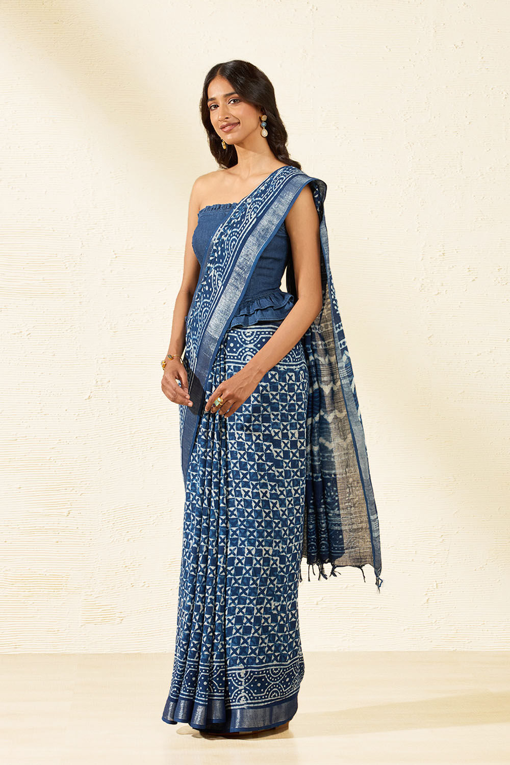 Blue Block Printed Cotton Viscose Saree image number null