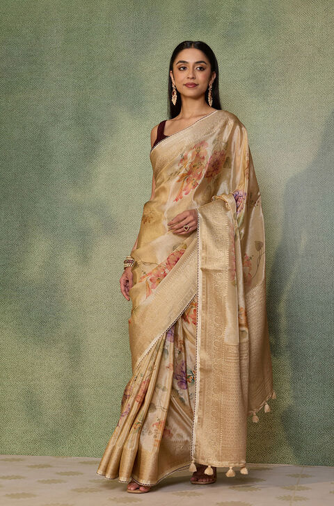 Beige Printed Viscose Tissue Saree