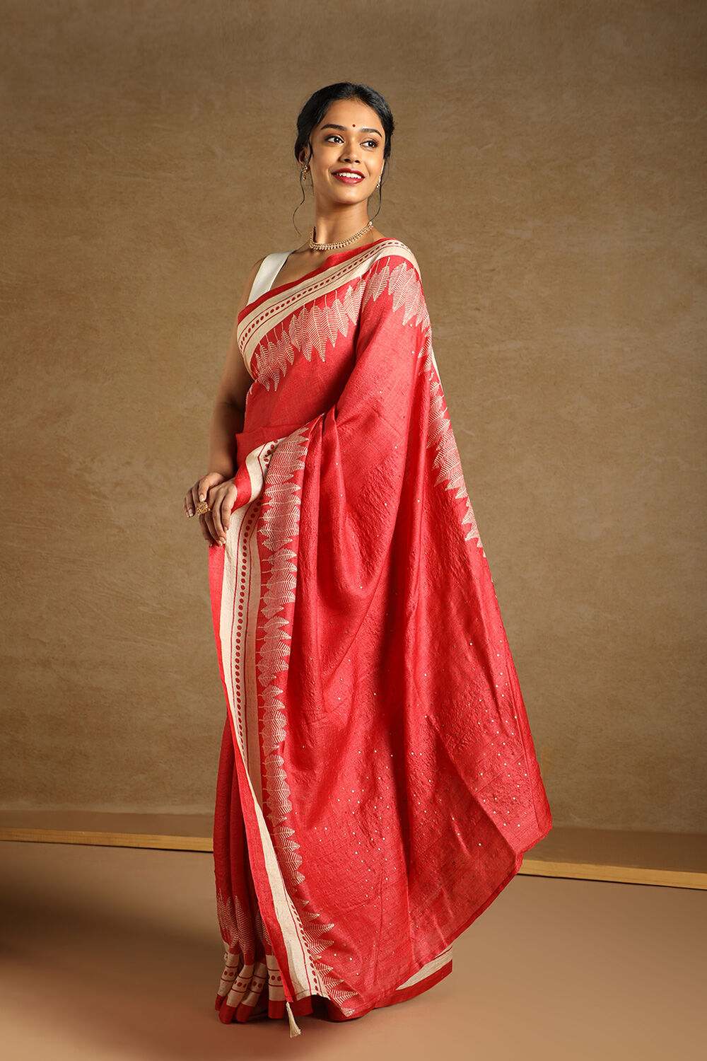 Red Pure Tussar Silk Block Printed Saree image number null