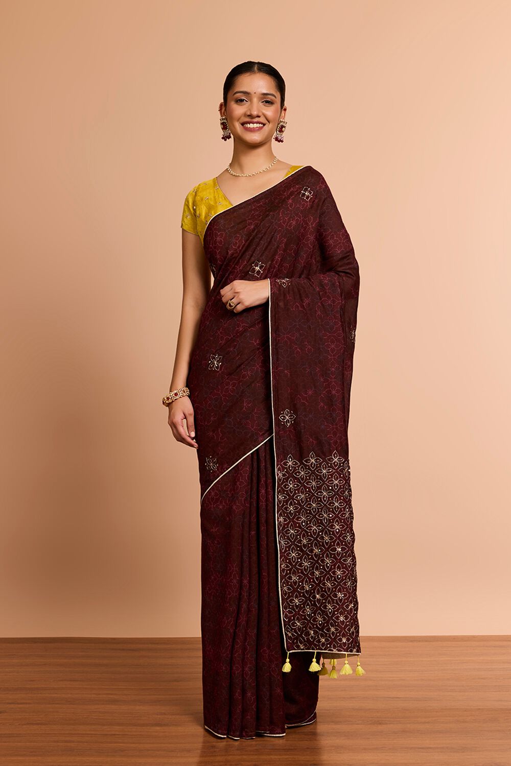 Brown Pure Silk Cotton Printed Embroidered Saree image number null