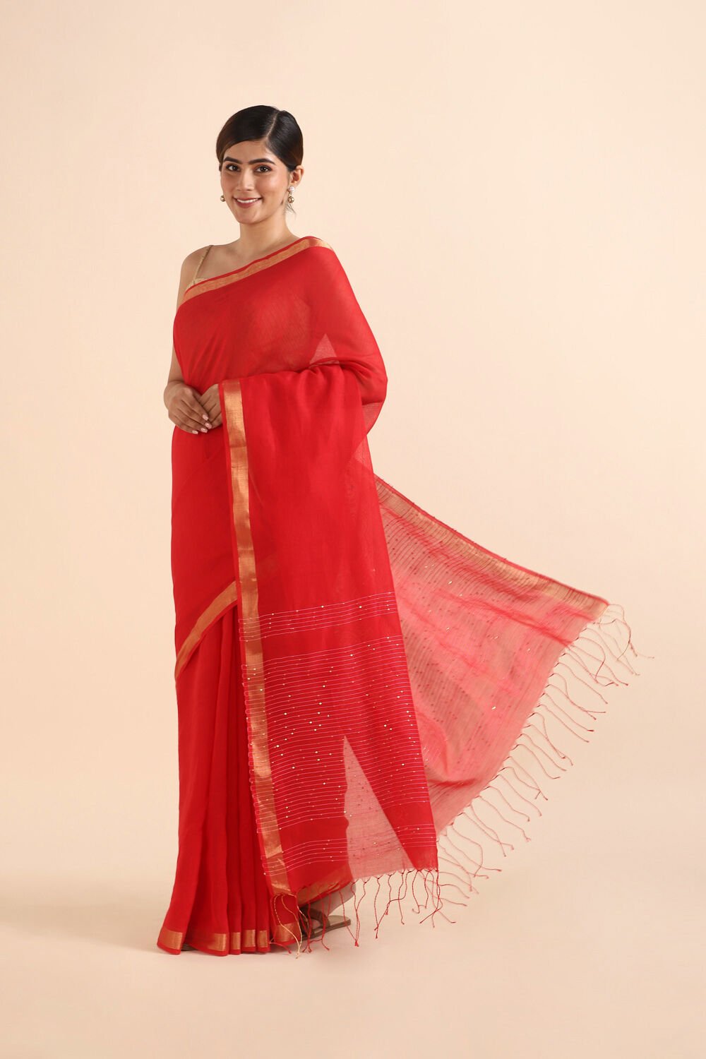 Red Pure Silk Cotton Bengal Saree image number null