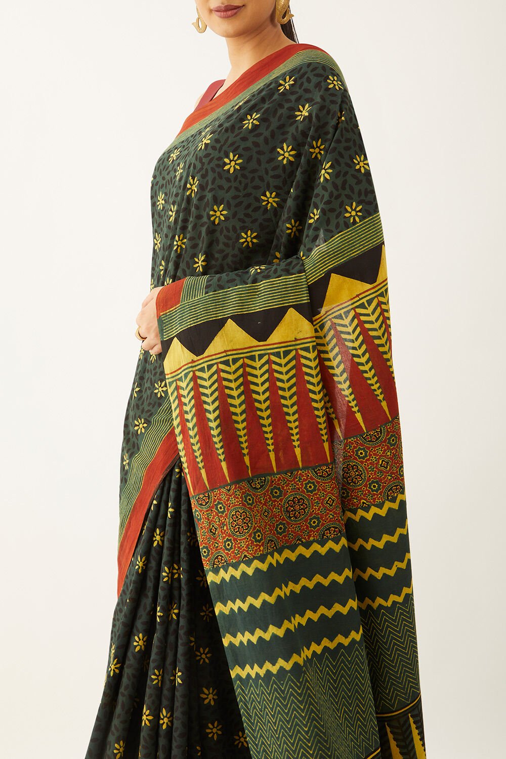 Green Pure Cotton Ajrakh Block Print Saree image number null