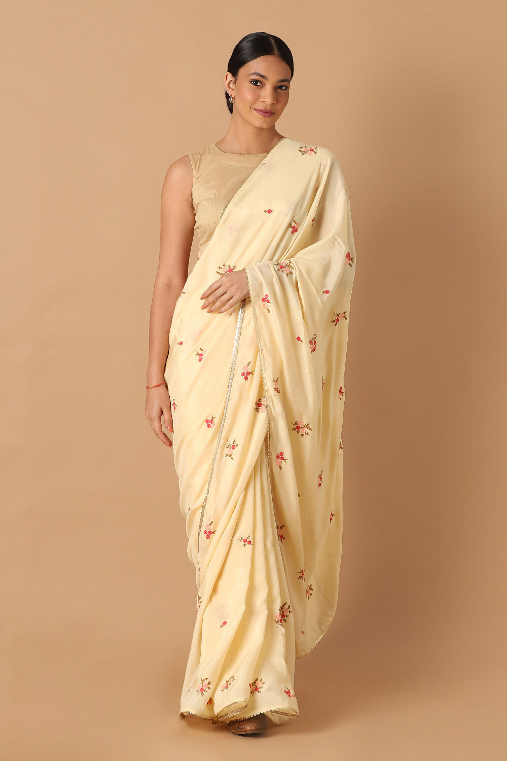 Beige Viscose Embroidered Saree image number null