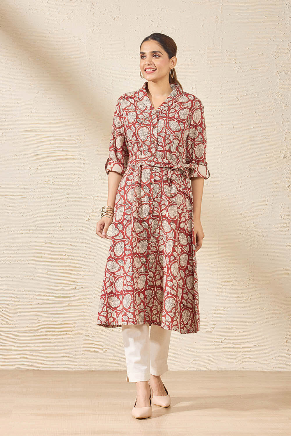 Red Pure Cotton Printed Sanganeri Kurta image number null