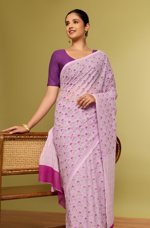 Purple Bengal Screen Printed Pure Mulmul Cotton Saree