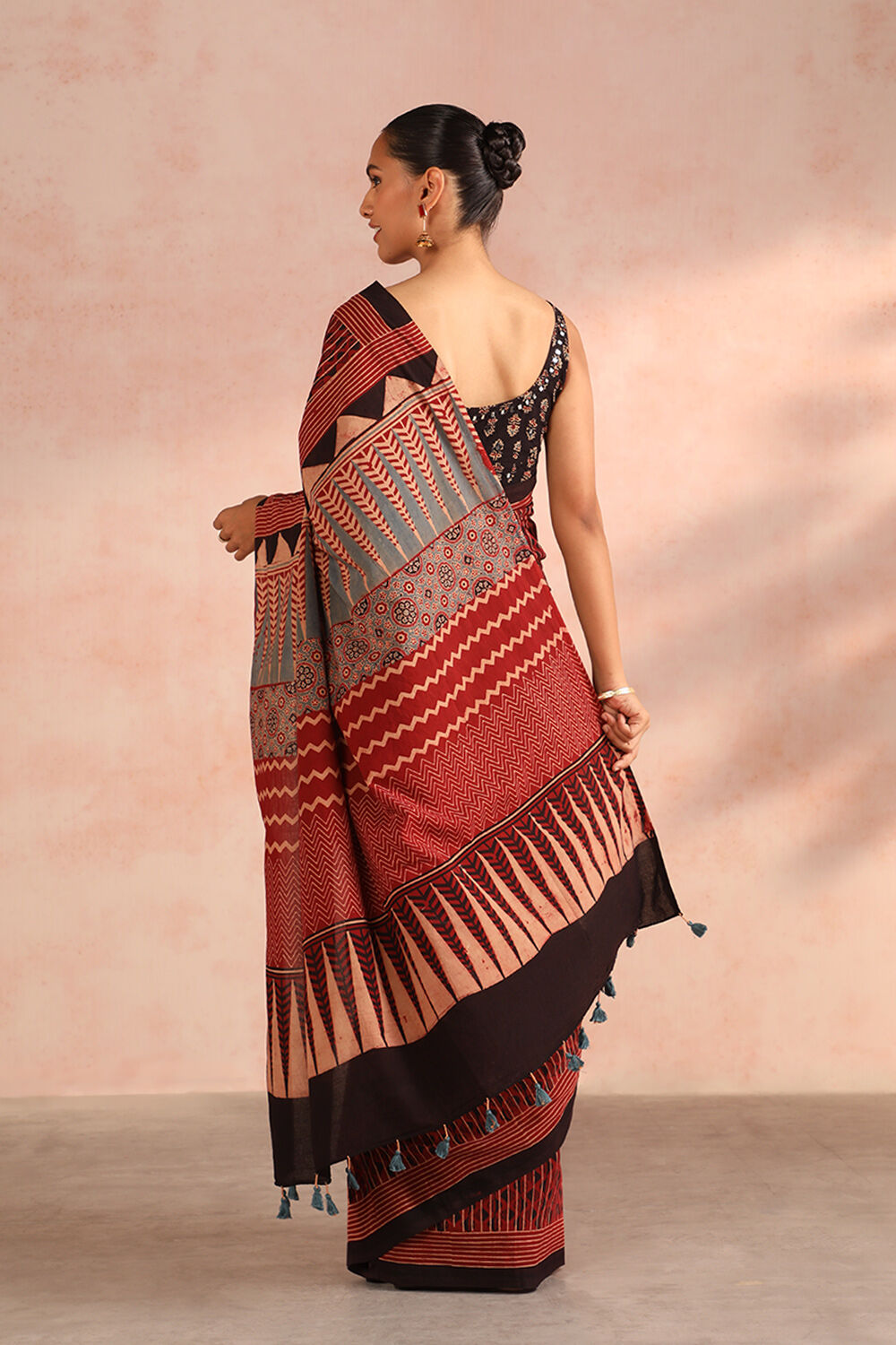 Red Gujarat Block Printed Pure Cotton Saree image number null