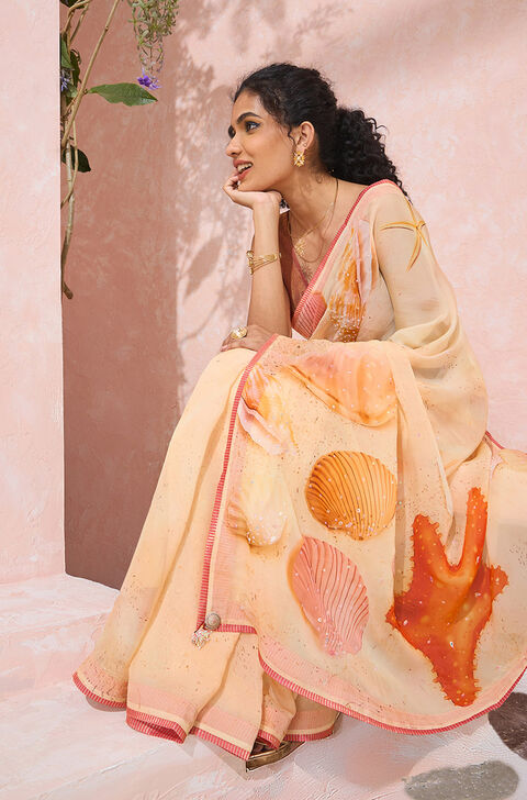 Orange Printed Embroidered Viscose Organza Saree