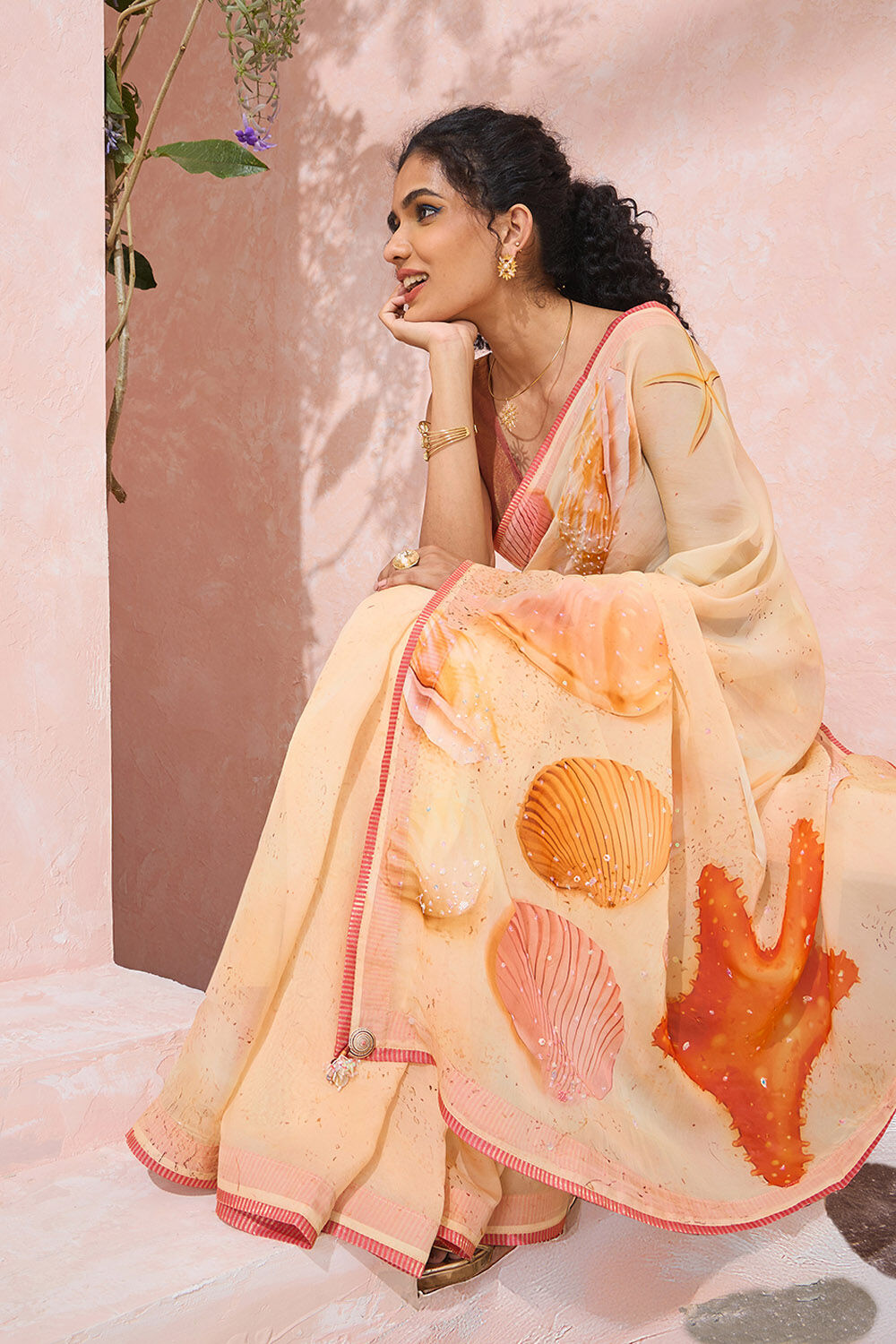 Orange Printed Embroidered Viscose Organza Saree image number null