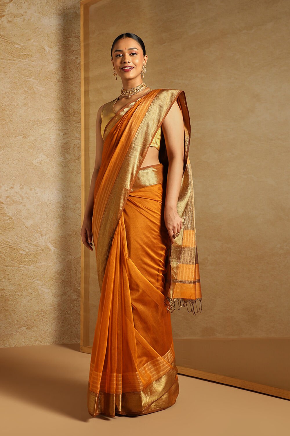 Orange Woven Pure Silk Cotton Maheswari Saree image number null