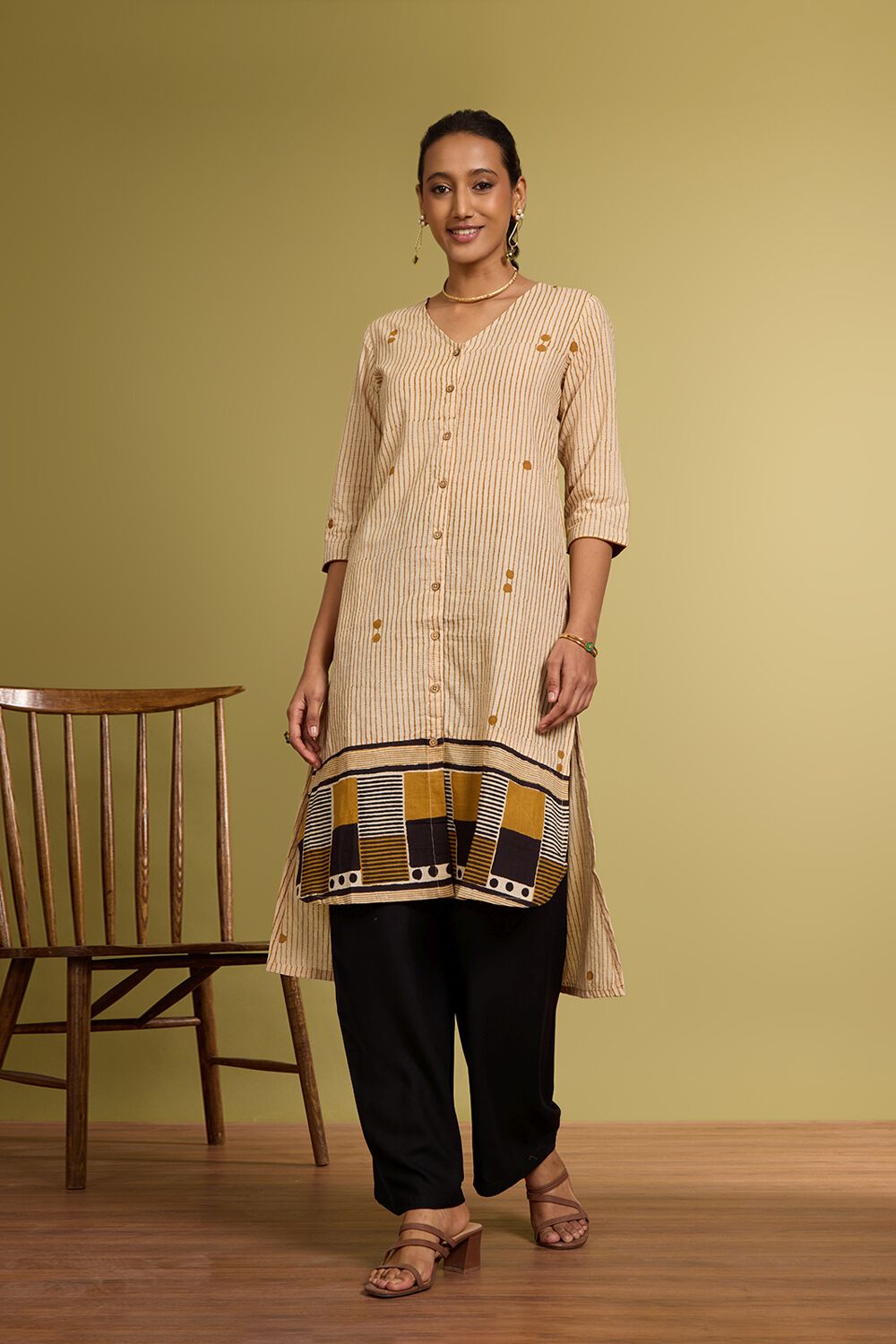 Beige Bagru Block Printed Pure Cotton Kurta image number null