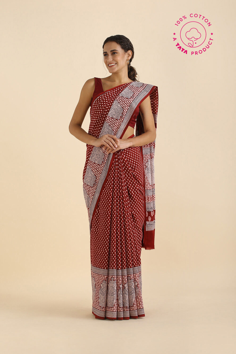 White Pure Cotton Bagh Printed Saree image number null