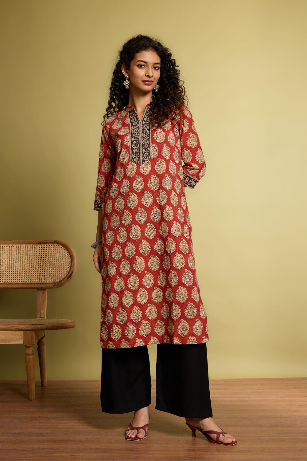 Dark Red Bagru Block Printed Pure Cotton Kurta image number null