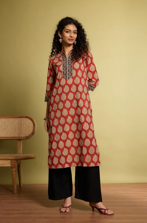 Dark Red Bagru Block Printed Pure Cotton Kurta