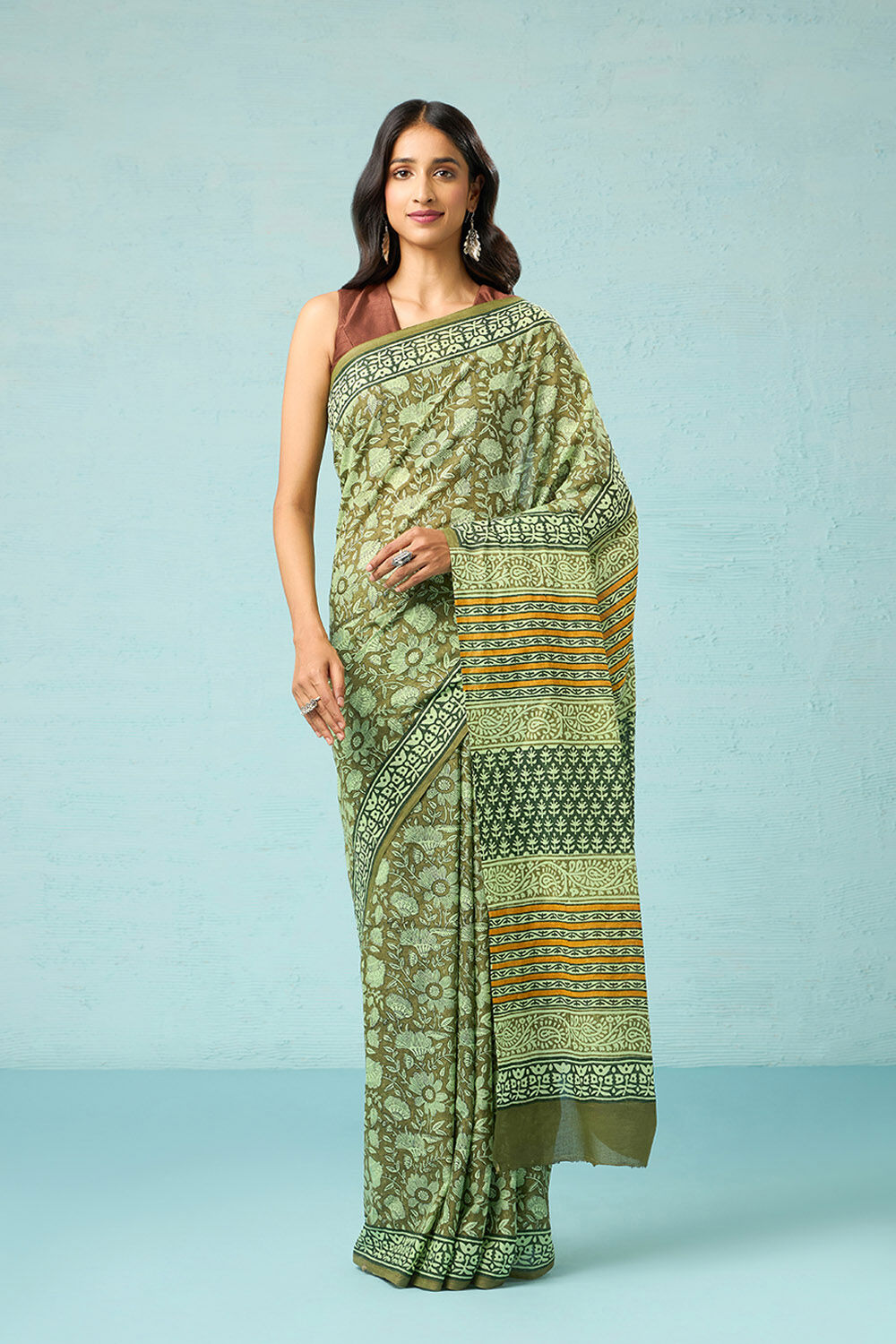 Light Green Pure Cotton Mulmul Block Printed Bengal Saree image number null