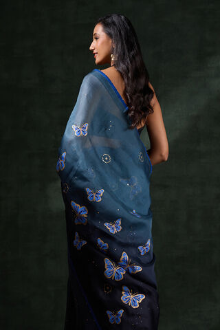 Blue Pure Silk Organza Printed Embroidered Saree image number
