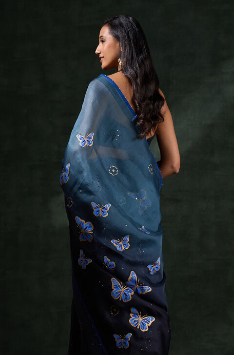 Black Pure Silk Organza Printed Embroidered Saree