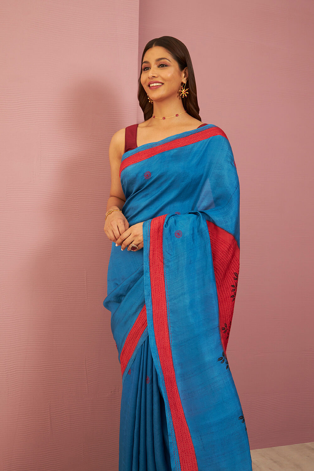 Blue Bengal Pure Silk Kantha Embroidered Saree image number null