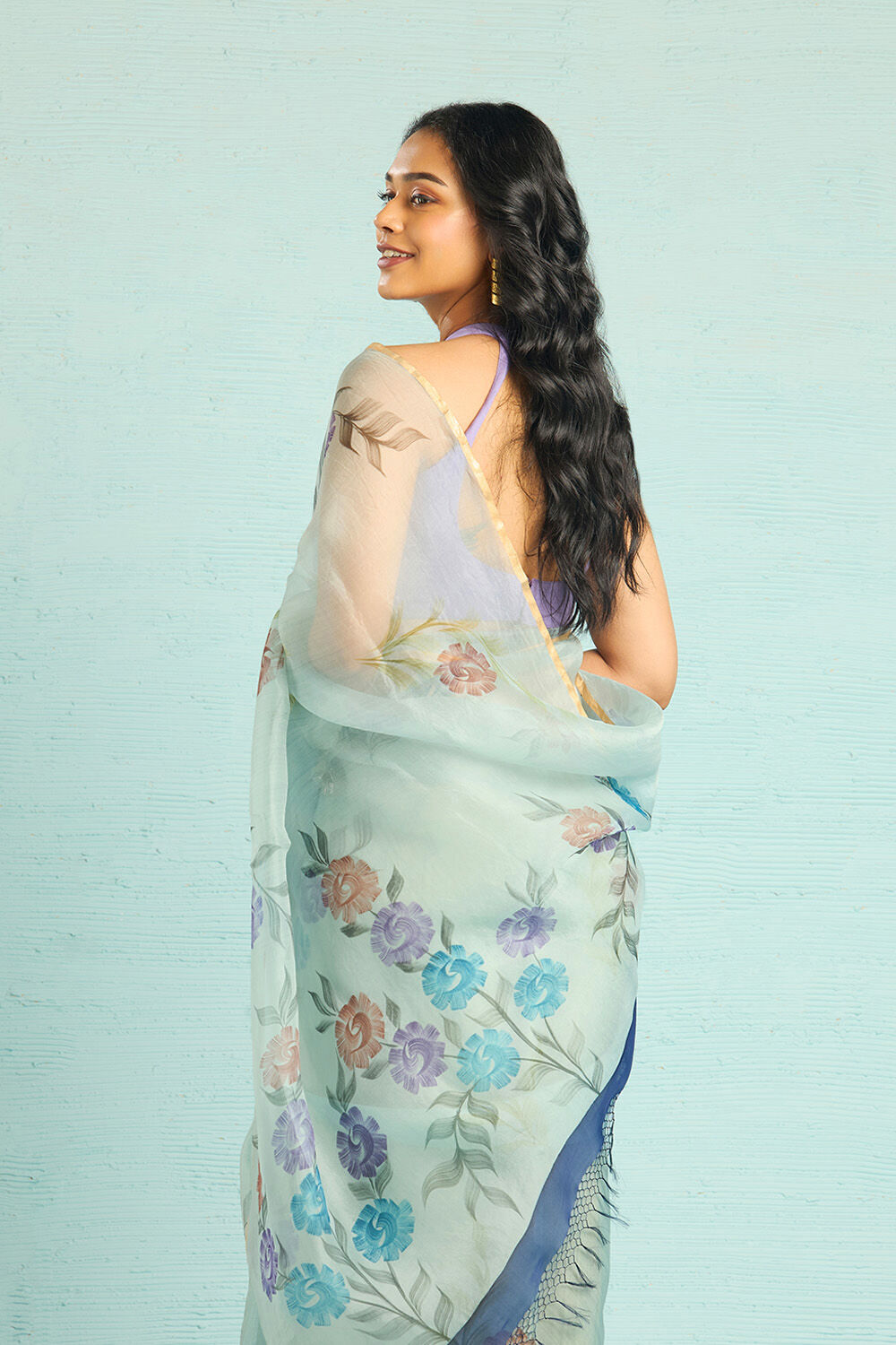 Blue Pure Silk Organza Hand Painted Banarasi Saree image number null