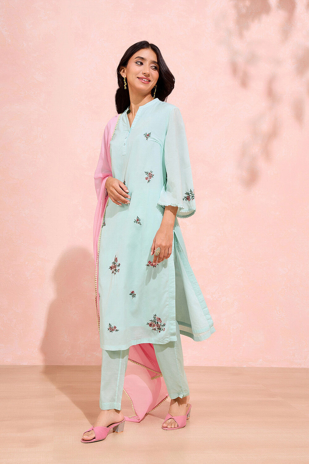 Light Green Viscose Embroidered Kurta Set image number null