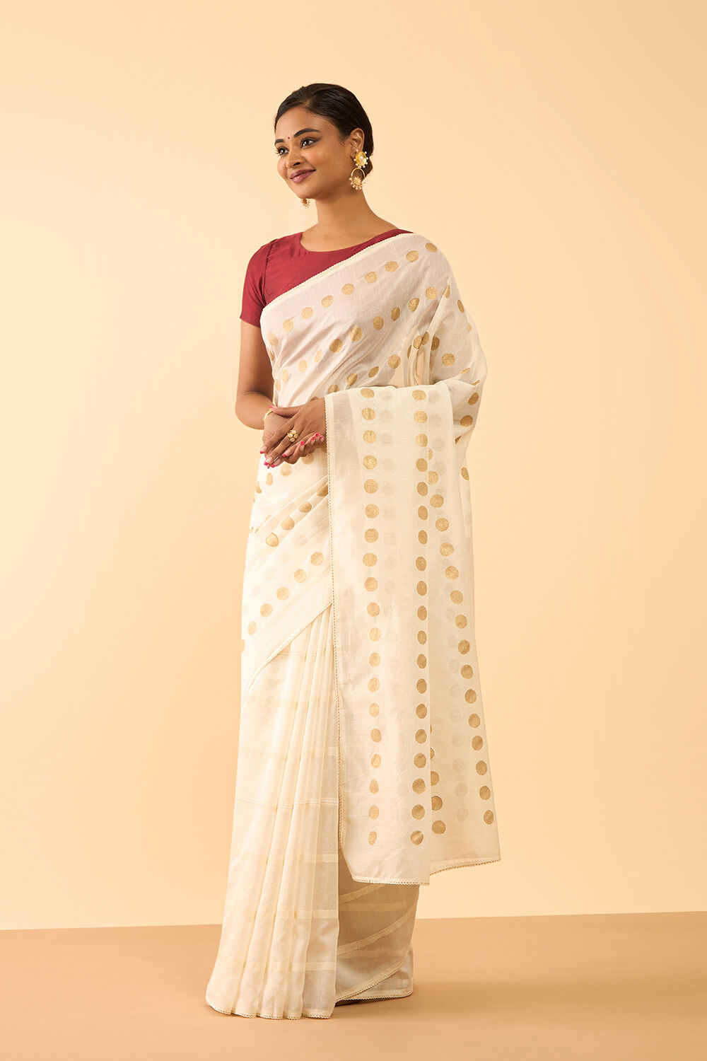 Off White Pure Silk Cotton Block Printed Embroidered Saree image number null