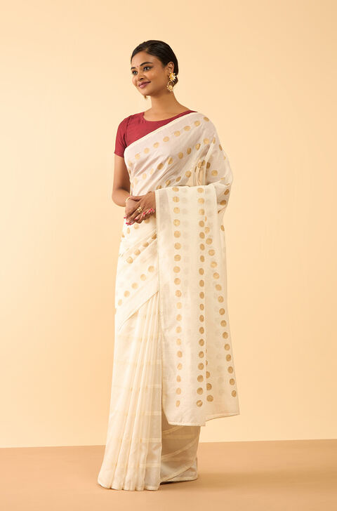 Off White Pure Silk Cotton Block Printed Embroidered Saree