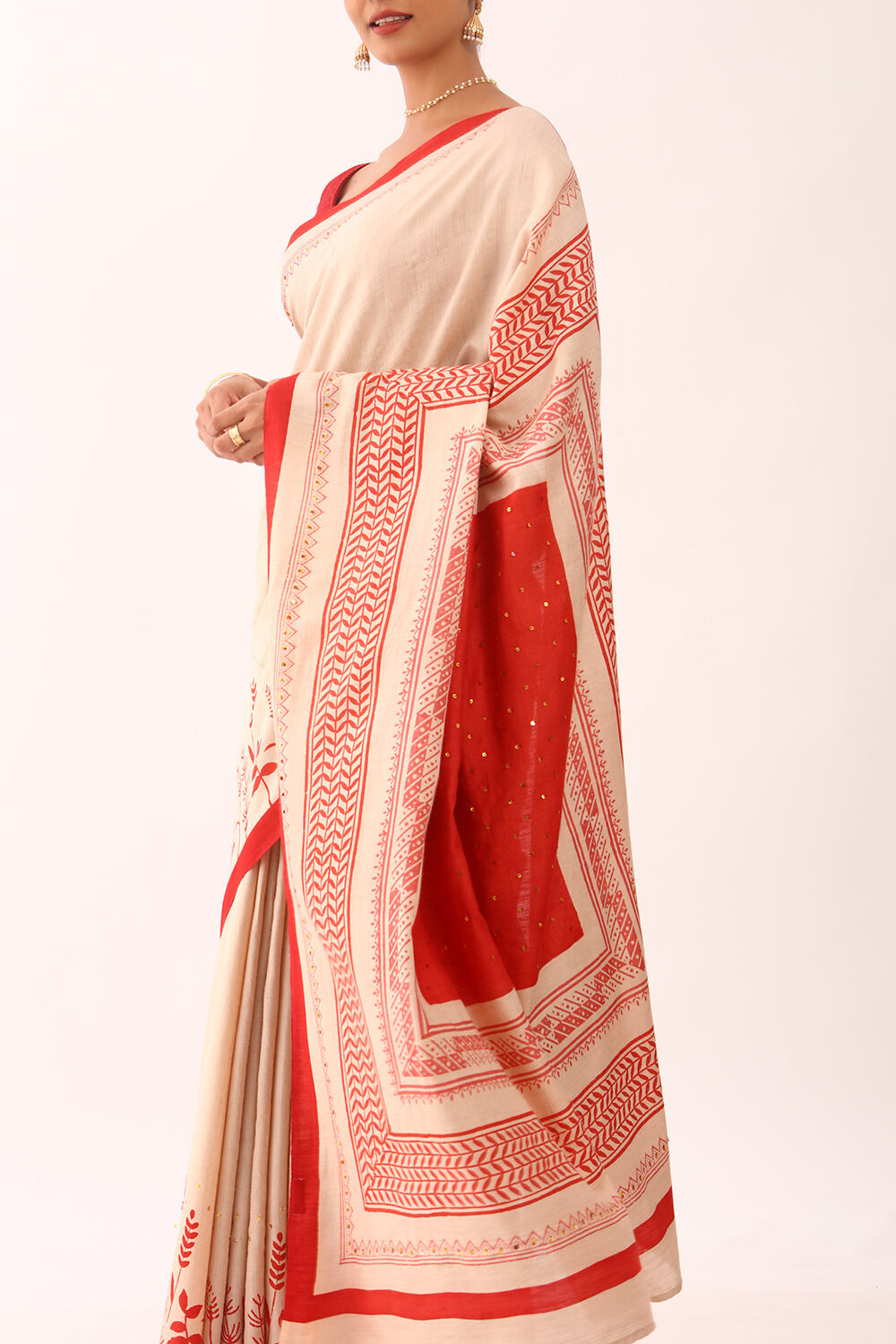 Beige Chattisgarh Block Printed Pure Tussar Silk Saree image number null