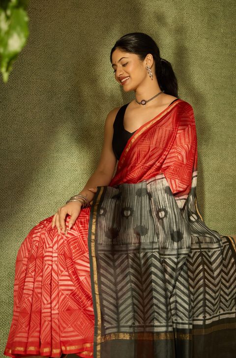 Red Rajasthan Pure Silk Cotton Tie & Dye Shibori Saree