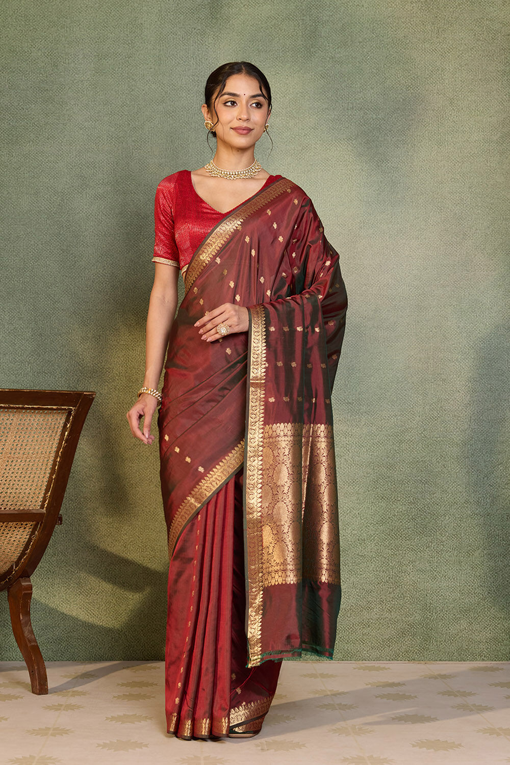 Red Silk Viscose Cutwork Banarasi Inspired Design Saree image number null