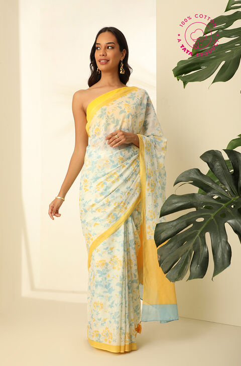 Off White Pure Cotton Mulmul Printed Saree