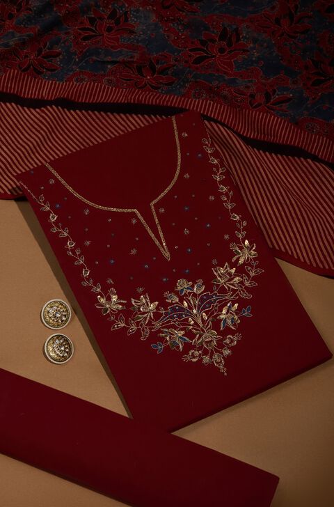 Dark Red Pure Cotton Ajrakh Embroidered Unstitched Suit Set