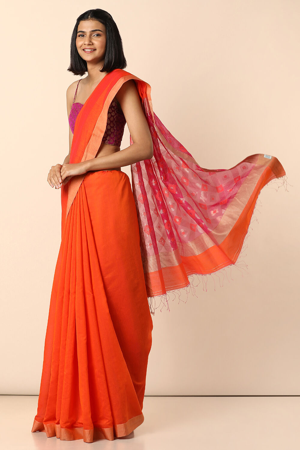 Orange Pure Silk Cotton Bengal Saree image number null