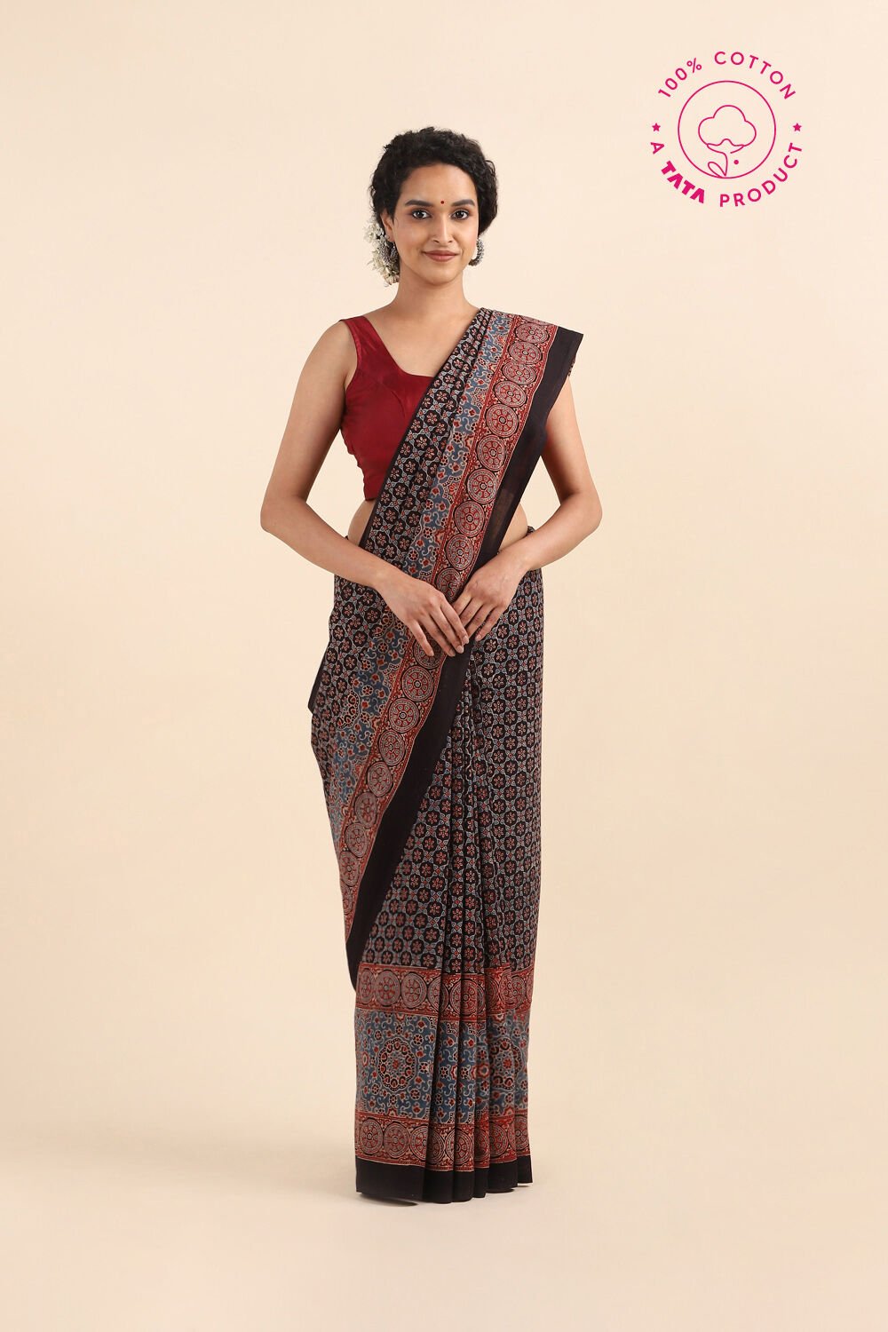 Black Pure Cotton Ajrakh Printed Saree image number null