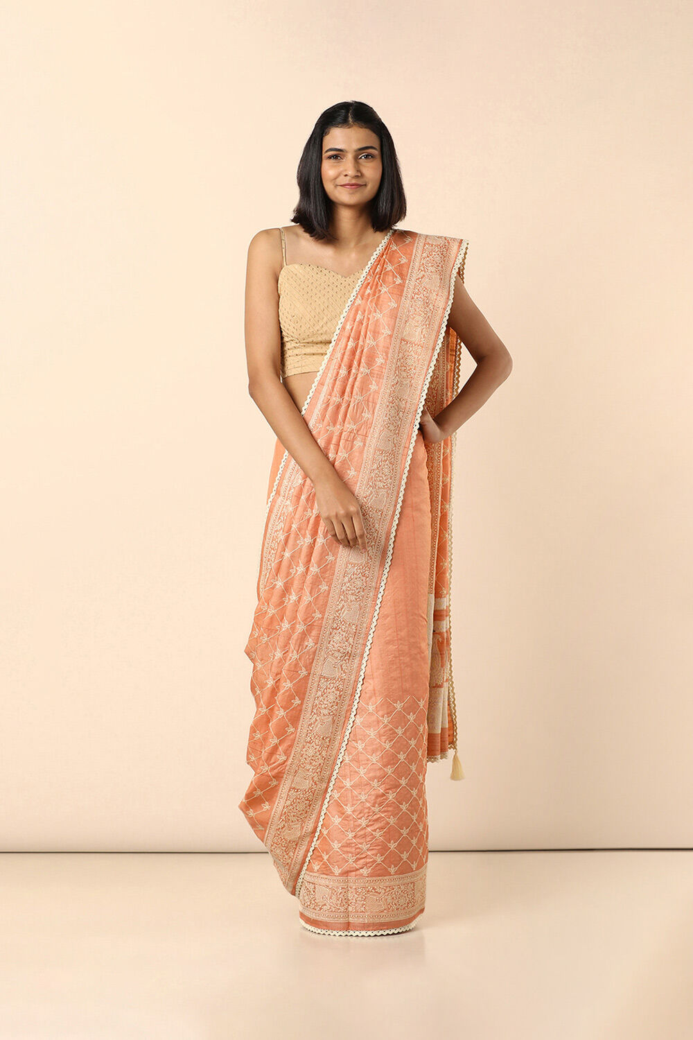 Light Orange Embroidered Pure Tussar Saree image number null