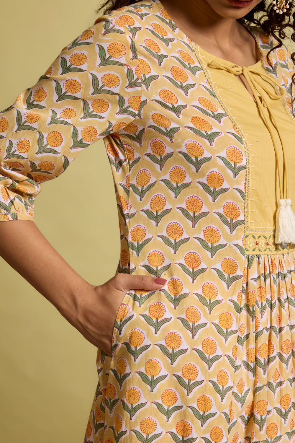 Yellow Pure Cotton Printed Embroidery Kurta image number null