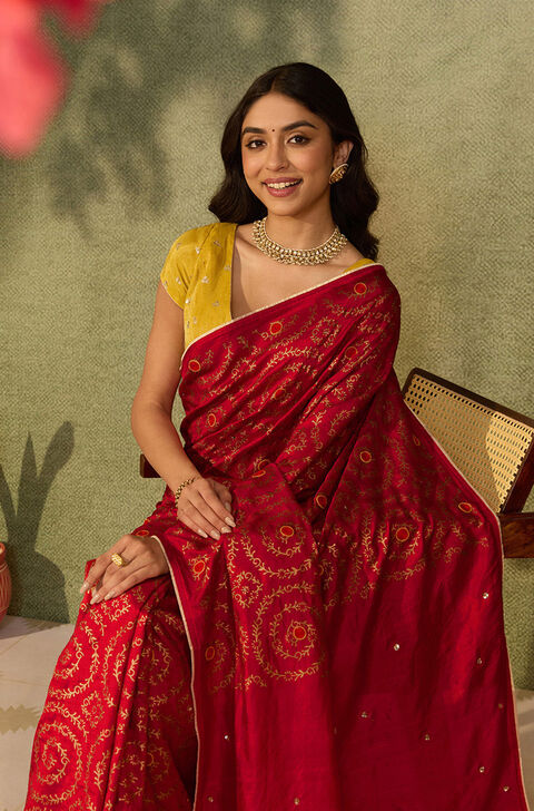 Red Murshidabad Block Printed Pure Silk Saree