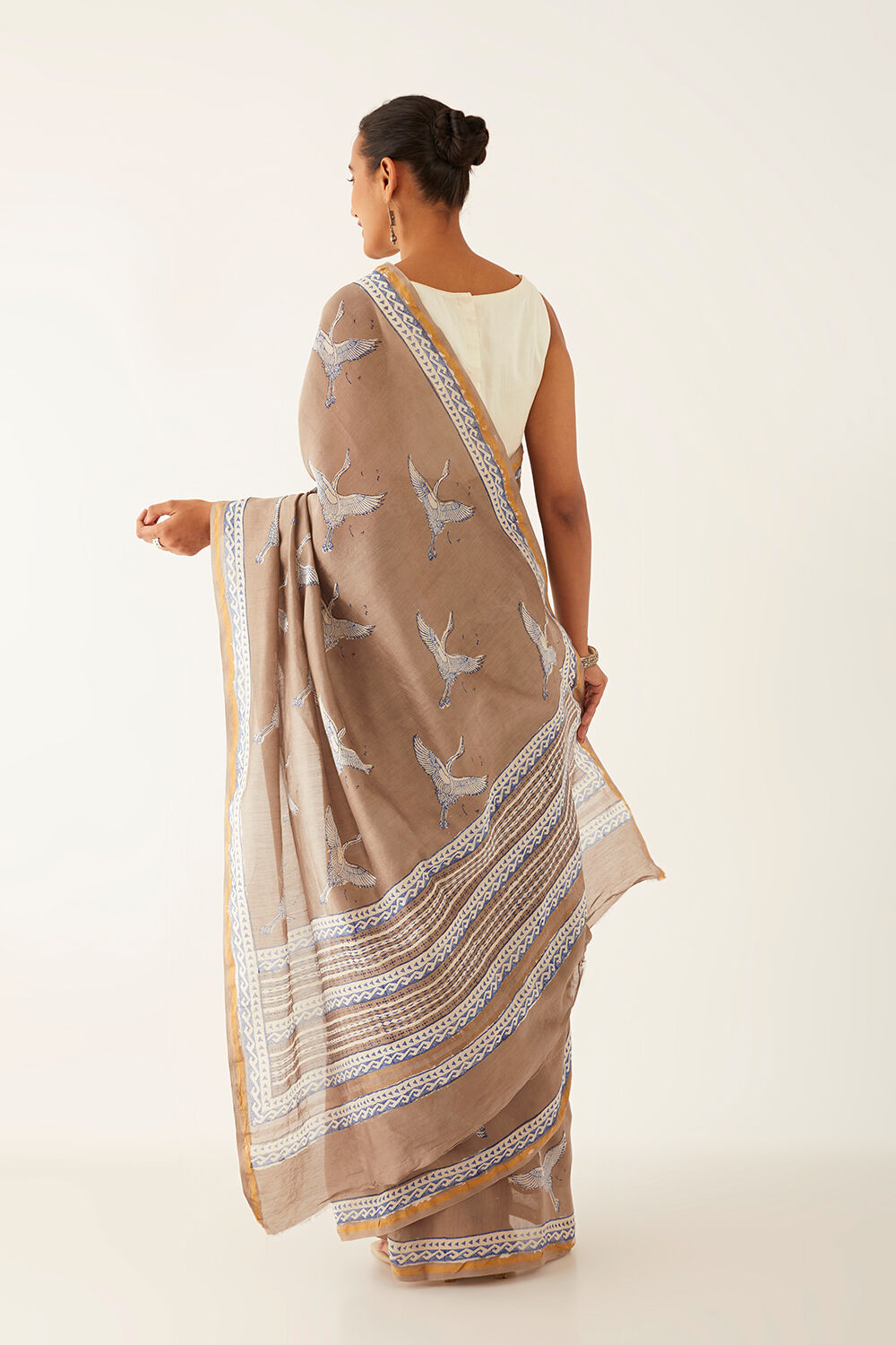 Grey Pure Silk Cotton Bagru Block Printed Saree image number null