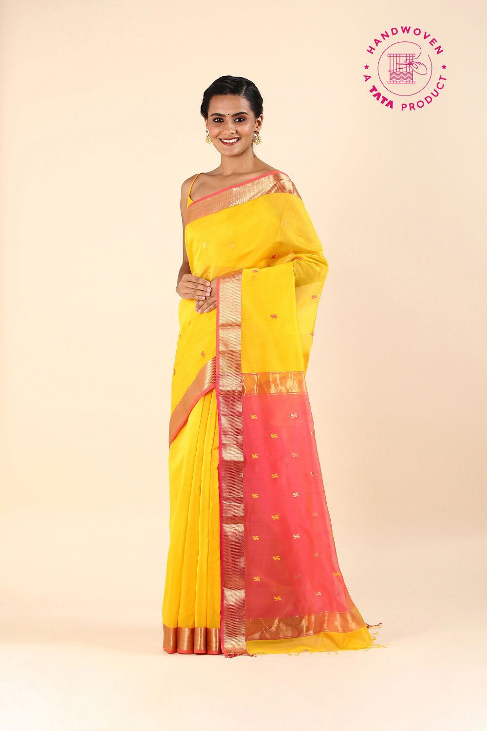 Yellow Pure Silk Cotton Maheswari Saree image number null