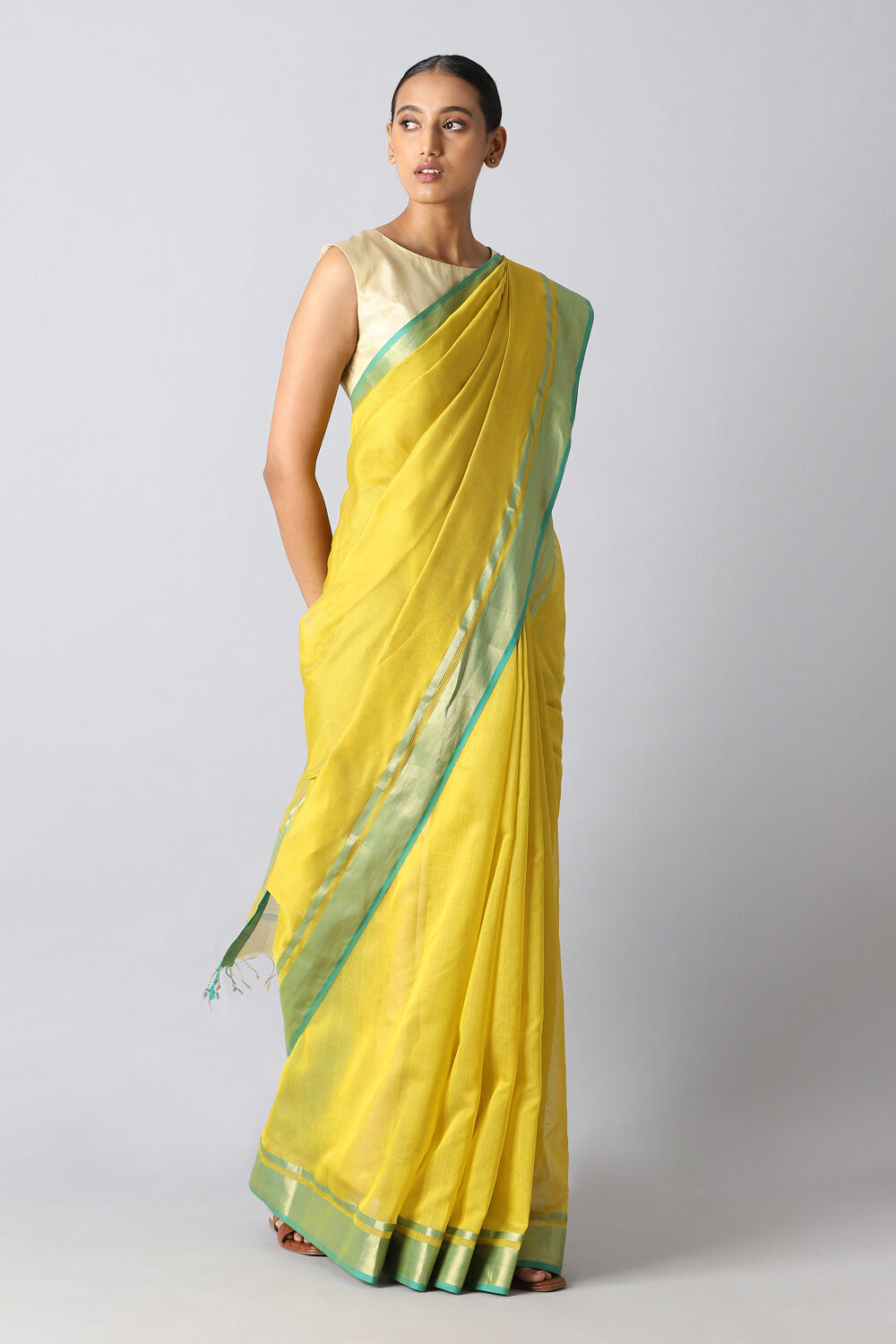 Yellow Pure Silk Cotton Maheswari Saree image number null