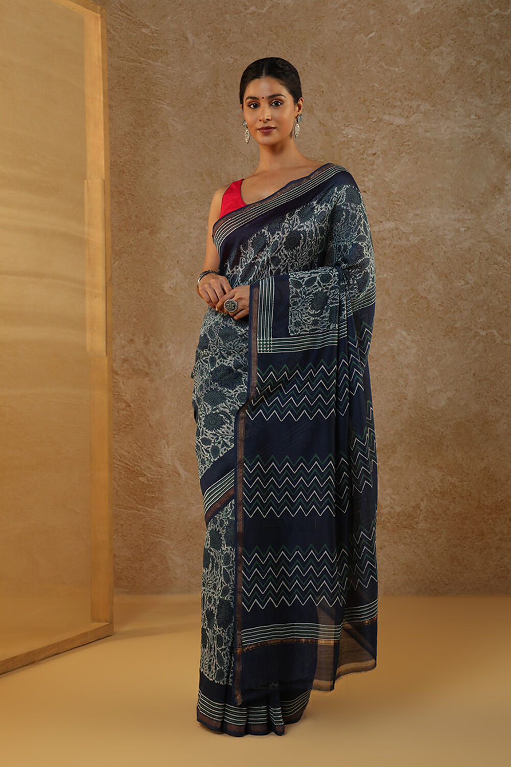 Blue Block Printed Pure Silk Cotton Chanderi Saree image number null