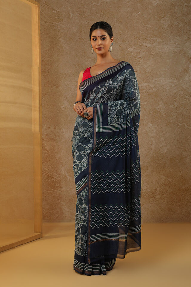 Blue Block Printed Pure Silk Cotton Chanderi Saree