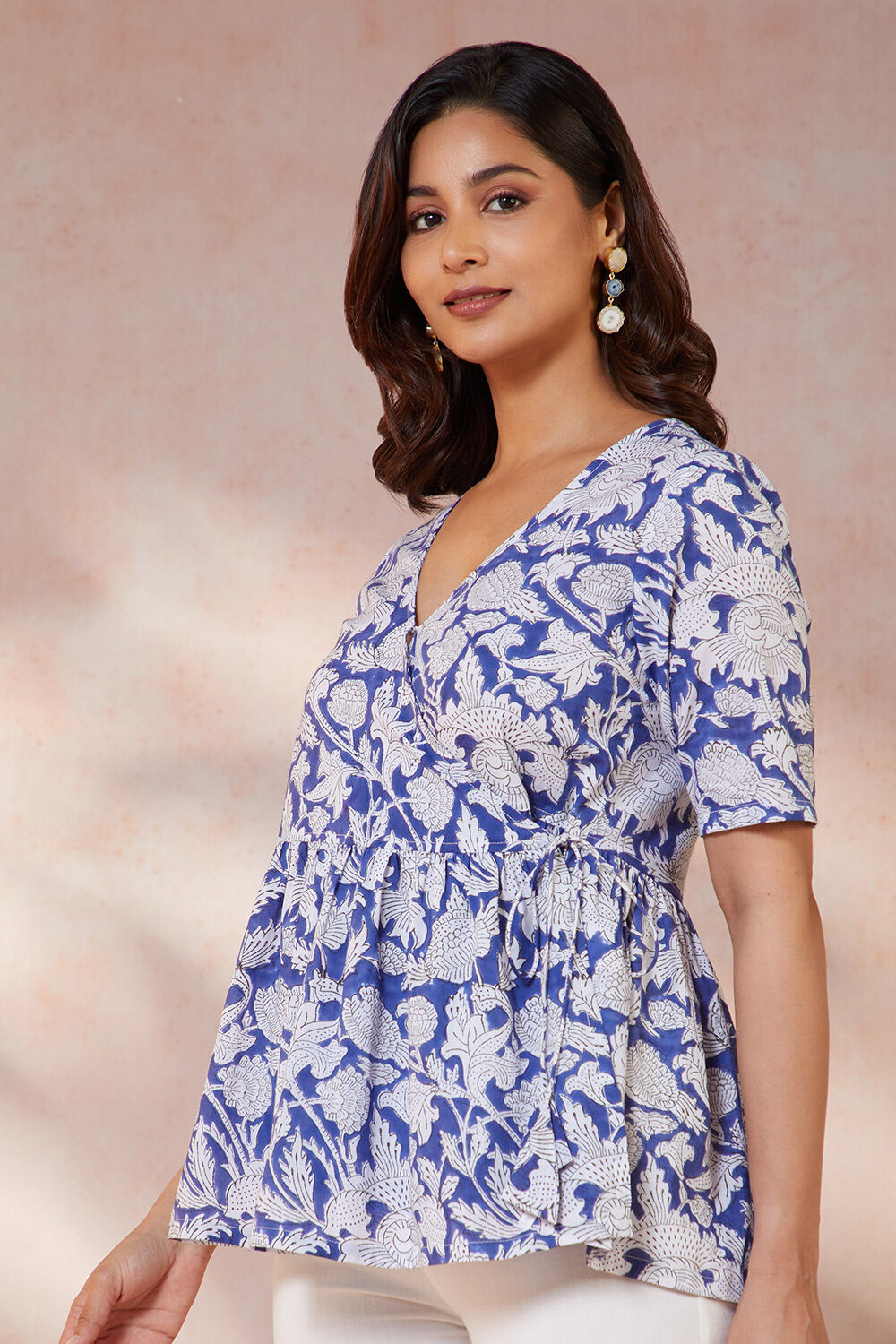 Blue Pure Cotton Printed Sanganeri Short Top image number null
